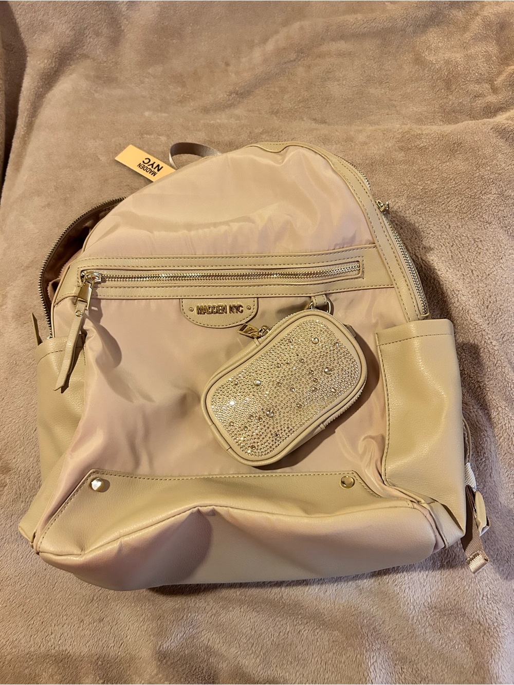 Steve Madden Beige Backpack with Rhinestone Pouch